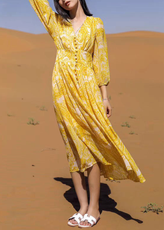 Long Fall Yellow Chiffon Dresses Bohemian Neck Print V
