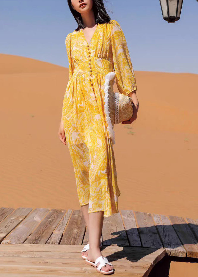 Long Fall Yellow Chiffon Dresses Bohemian Neck Print V