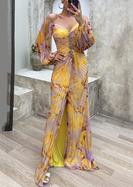 Wrinkled Spring Bohemian Side Open Ankle Yellow Dress