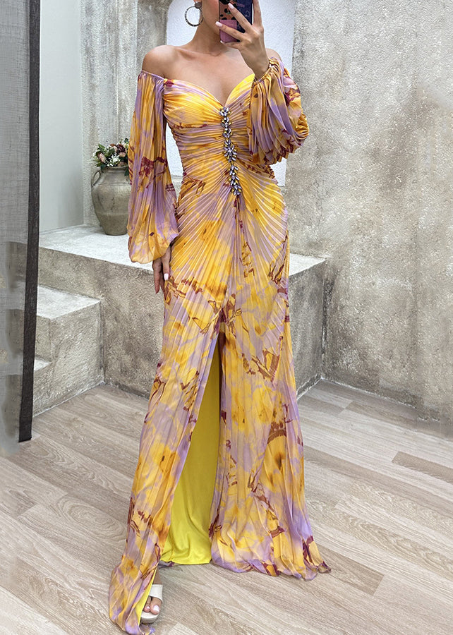 Wrinkled Spring Bohemian Side Open Ankle Yellow Dress