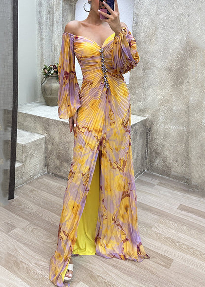 Wrinkled Spring Bohemian Side Open Ankle Yellow Dress