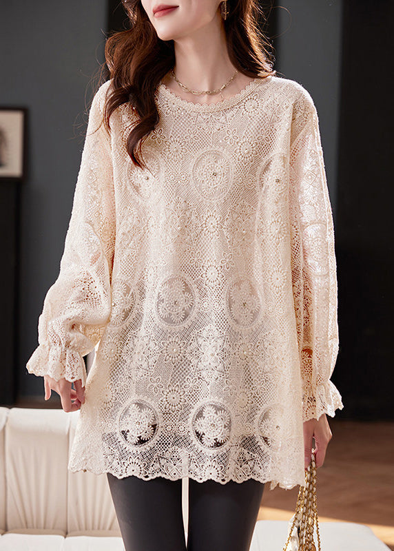 Flare Top Boho Out Chiffon Apricot Embroidered Hollow Sleeve