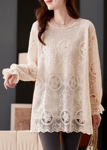 Flare Top Boho Out Chiffon Apricot Embroidered Hollow Sleeve