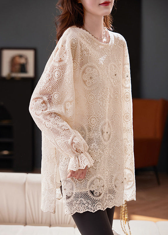 Flare Top Boho Out Chiffon Apricot Embroidered Hollow Sleeve