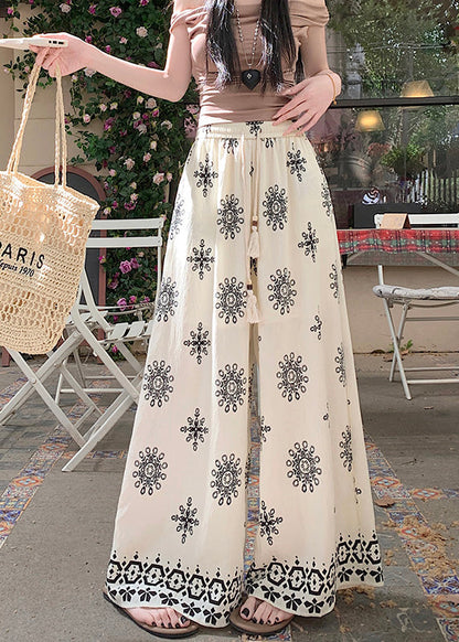Waist Pants Cotton Boho Leg Wide Apricot Print Summer Elastic