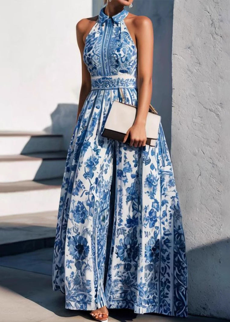 Collar Maxi Summer Pan Baby Peter Dress Boho Blue Print