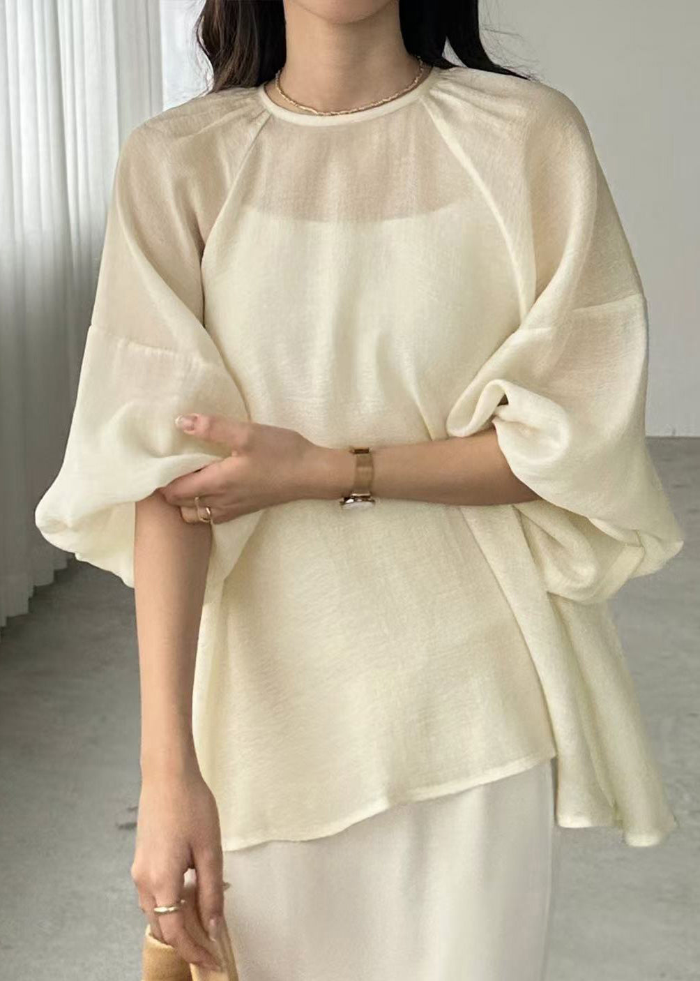 Sheer Boho Chiffon Sleeve Oversized Batwing Top Beige