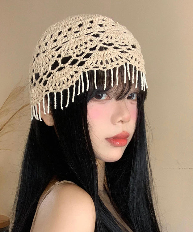 Chapeau boonie en tricot creux à pompons beige Boho WI018