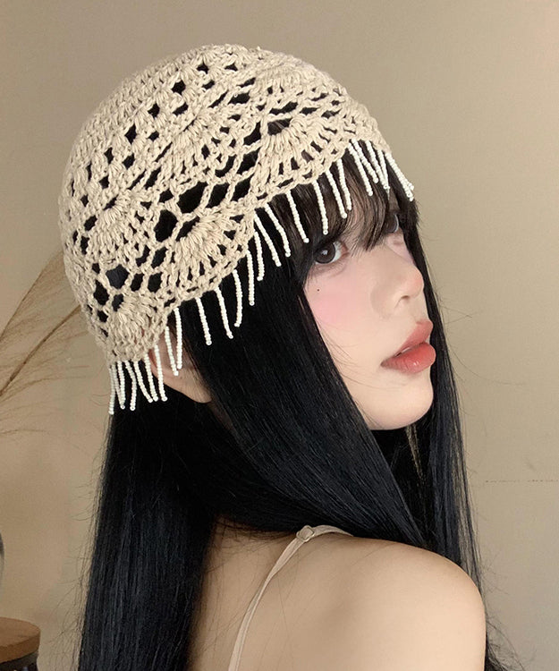 Chapeau boonie en tricot creux à pompons beige Boho WI018