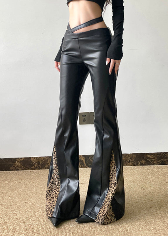 Boho Black PU Spring Patchwork Pants Leopard Asymmetrical