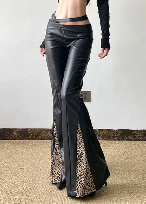 Boho Black PU Spring Patchwork Pants Leopard Asymmetrical