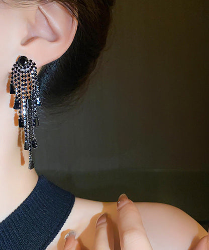 Boho Black Copper Zircon Tassel Drop Earrings QZ016