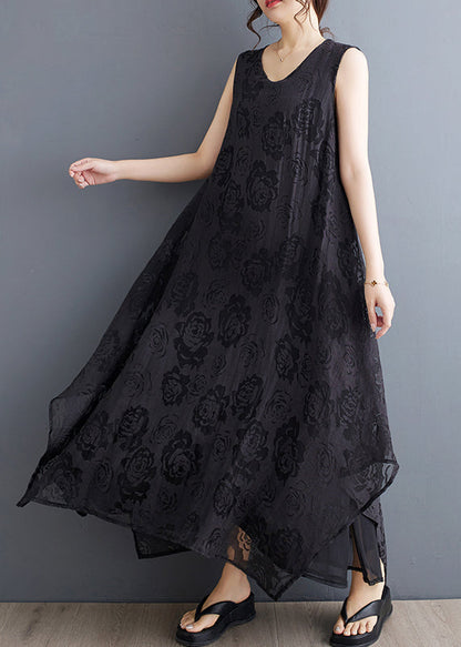 Robe longue en dentelle à fleurs asymétrique à col rond noire style bohème pour les vacances, été UU027