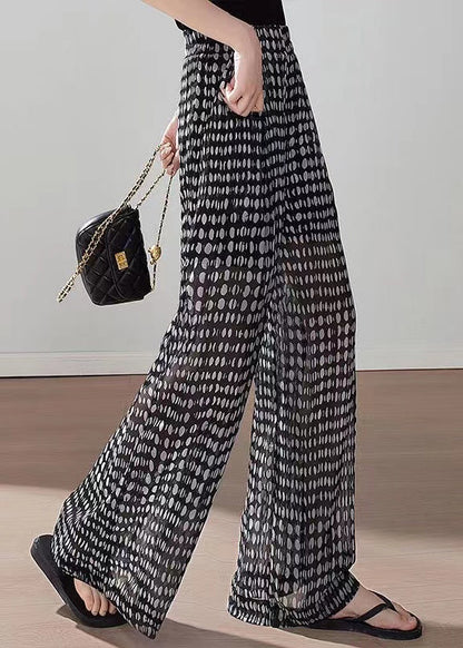 Boho Black Pockets Print Elastic Waist Chiffon Pants Summer QQ1060