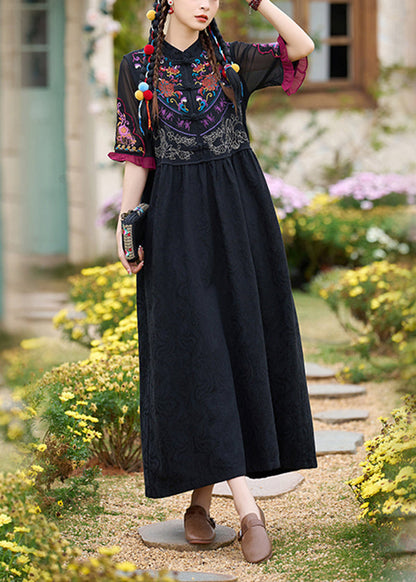 Boho Schwarz Stehkragen Bestickte Baumwolle Zweiteiliges Set Sommer WW1007