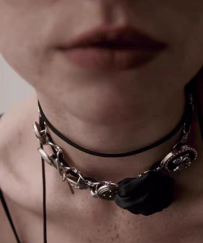 Boho Black Sterling Silver Rose Necklace YR011