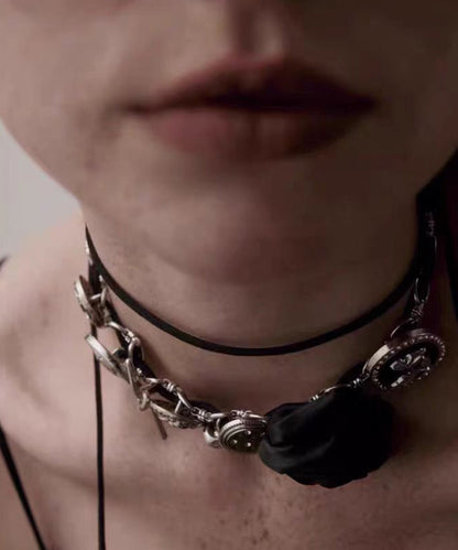 Boho Black Sterling Silver Rose Necklace YR011