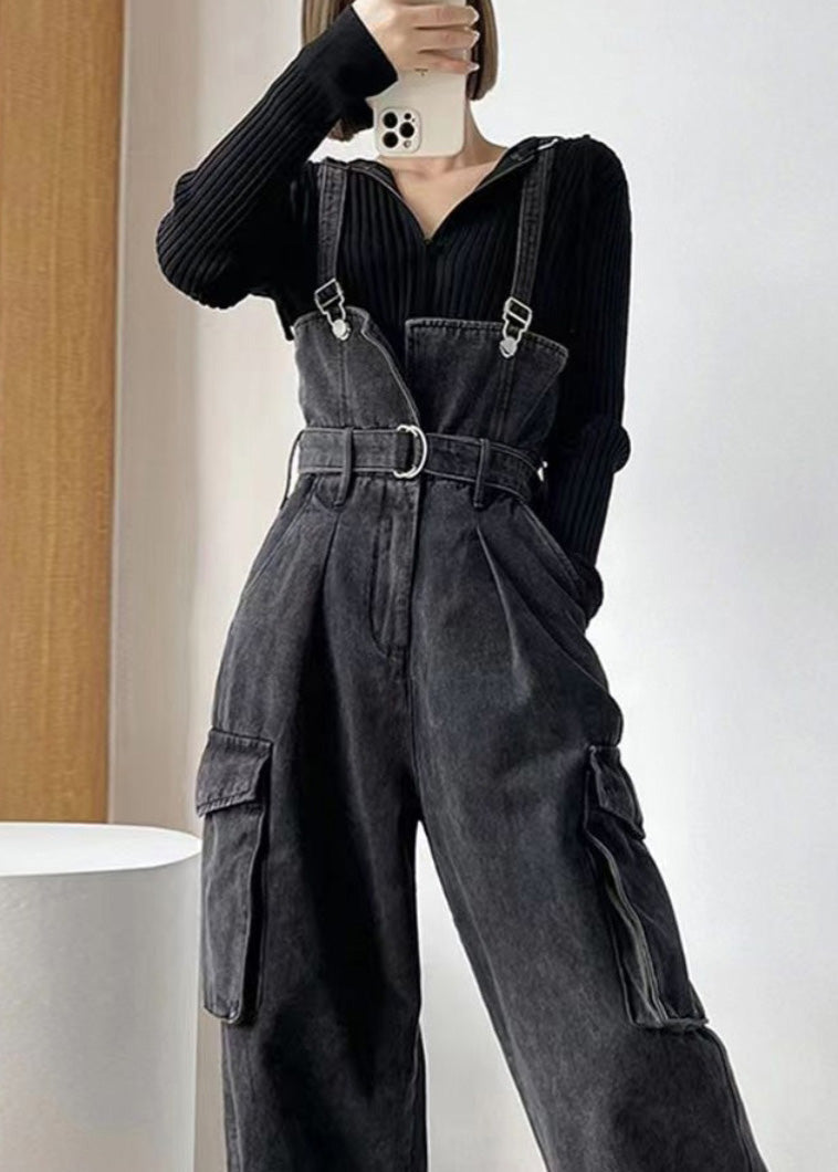 Tunic Black Boho Denim Pockets Jumpsuit Overalls Summer