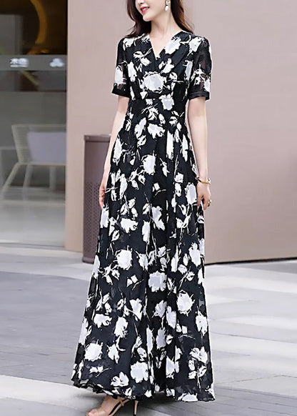 Neck Chiffon Black Boho Long Dress Summer V Print