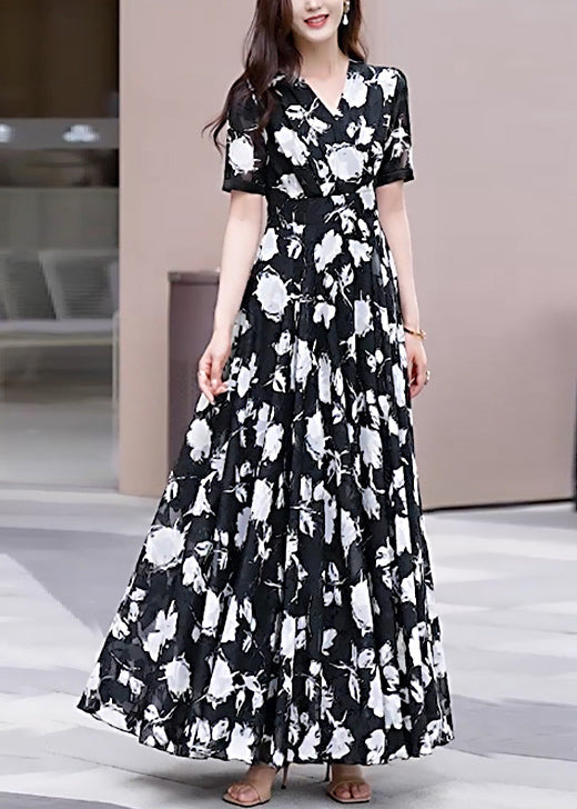 Neck Chiffon Black Boho Long Dress Summer V Print