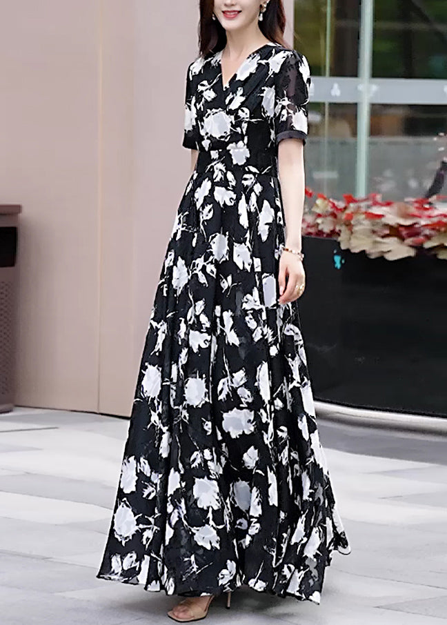 Neck Chiffon Black Boho Long Dress Summer V Print