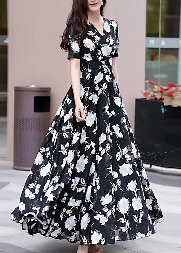 Neck Chiffon Black Boho Long Dress Summer V Print