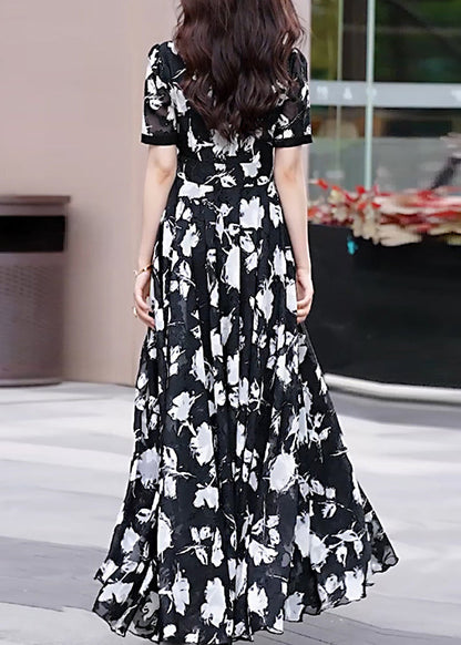 Neck Chiffon Black Boho Long Dress Summer V Print