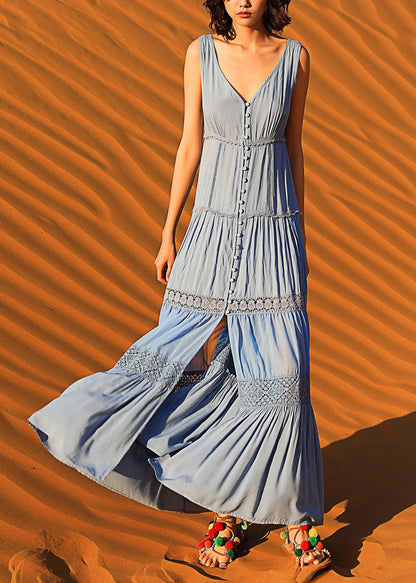 Long Dress Boho Button Blue Sleeveless Out Hollow Cotton