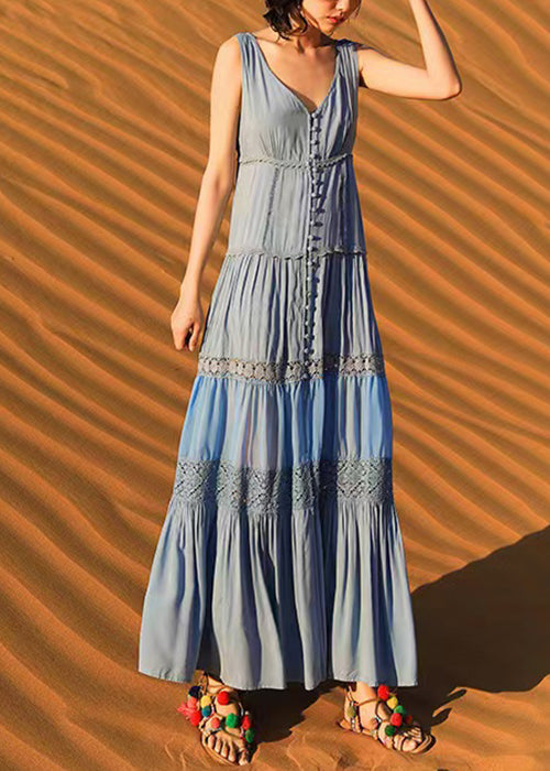 Long Dress Boho Button Blue Sleeveless Out Hollow Cotton