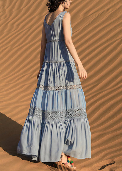 Long Dress Boho Button Blue Sleeveless Out Hollow Cotton