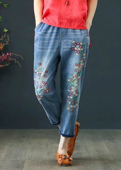 Embroidered Pants Blue Summer Crop Denim Boho