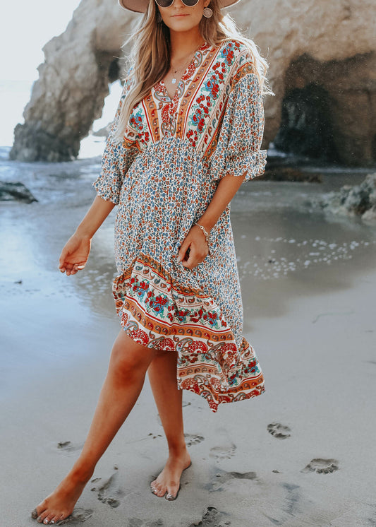 Boho Blue Print V Neck Chiffon Dress Half Sleeve FF072