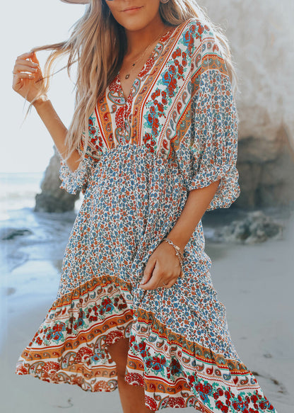 Boho Blue Print V Neck Chiffon Dress Half Sleeve FF072