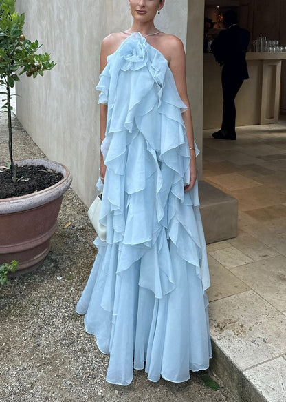 Ruffled Design Strap Chiffon Boho Asymmetrical Blue Spaghetti