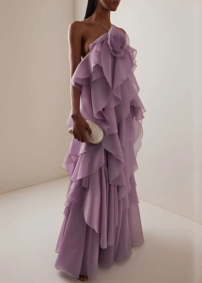 Ruffled Design Strap Chiffon Boho Asymmetrical Blue Spaghetti