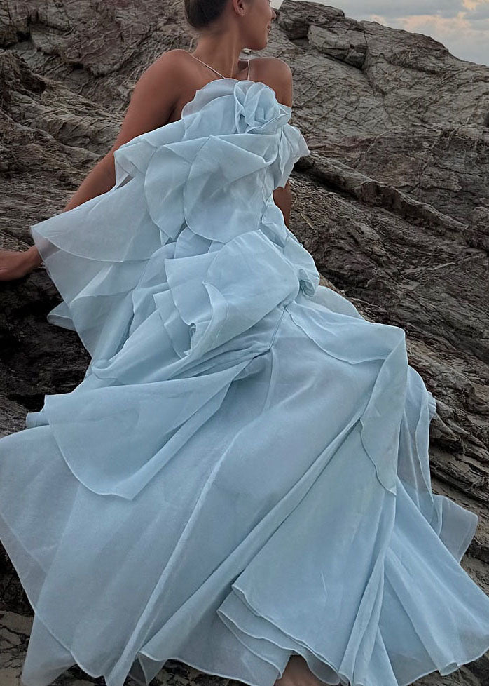 Ruffled Design Strap Chiffon Boho Asymmetrical Blue Spaghetti