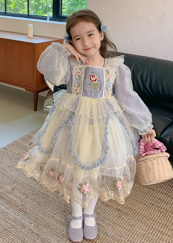 Boho Blue Square Collar Embroideried Tulle Kids Maxi Dress Spring YE032