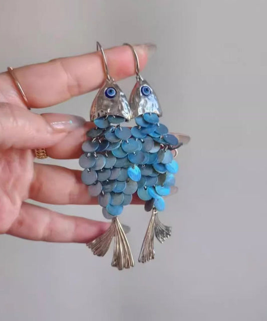Blue Tassel Fish Weave Drop Earrings Boho Small Shell