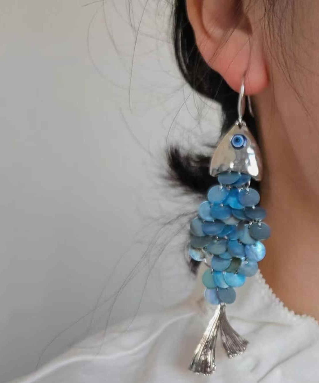 Blue Tassel Fish Weave Drop Earrings Boho Small Shell