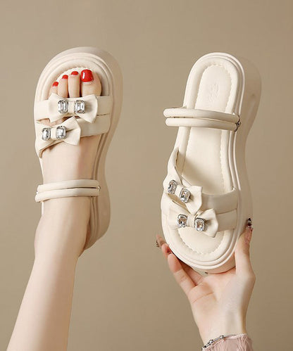 Slide Platform Black Zircon Splicing Bow Faux Boho Leather