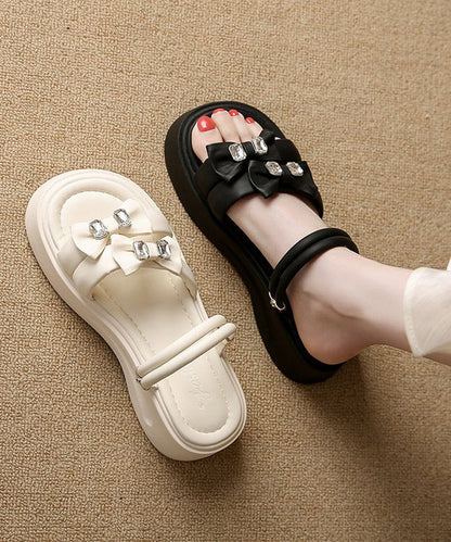 Slide Platform Black Zircon Splicing Bow Faux Boho Leather