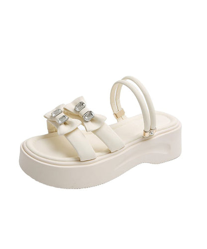 Slide Platform Black Zircon Splicing Bow Faux Boho Leather