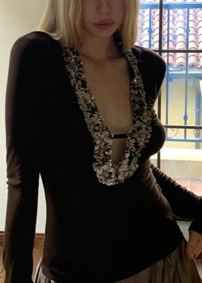 Boho Coffee U Neck Sequins Silk Top Spring YJ001