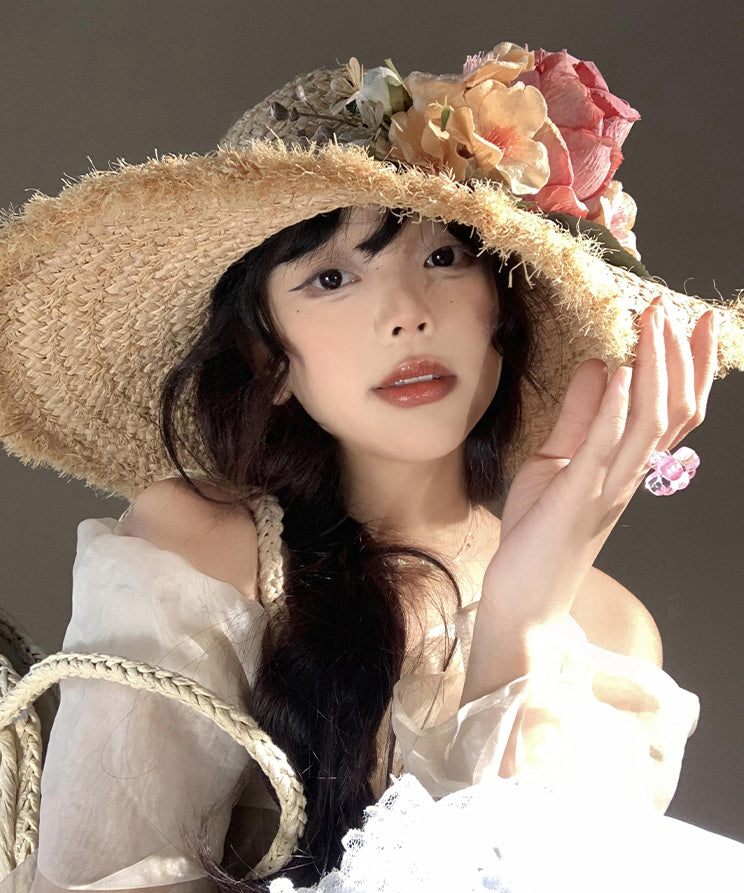 Chapeau de soleil en paille tissée à bord fleuri style bohème pour vacances en bord de mer WI014