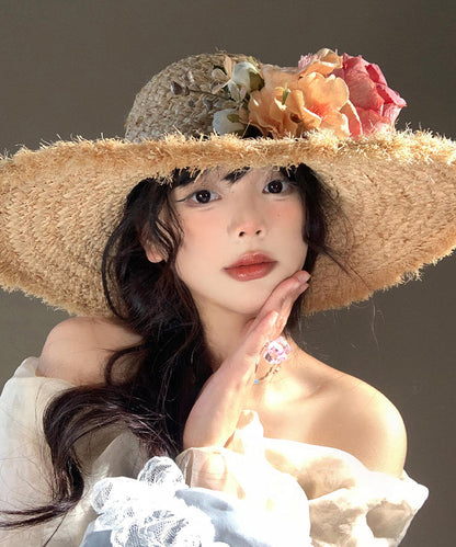 Chapeau de soleil en paille tissée à bord fleuri style bohème pour vacances en bord de mer WI014