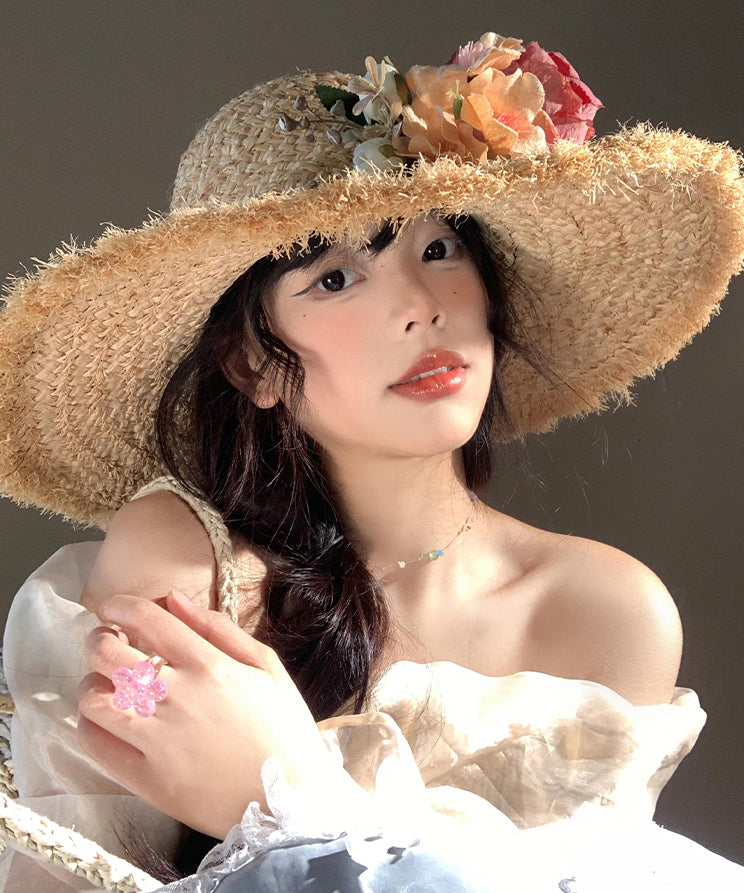 Chapeau de soleil en paille tissée à bord fleuri style bohème pour vacances en bord de mer WI014