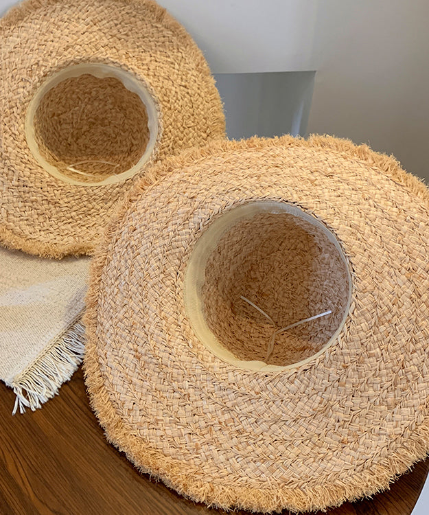 Chapeau de soleil en paille tissée à bord fleuri style bohème pour vacances en bord de mer WI014