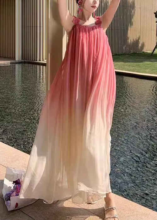 Gradient Wrinkled Boho Strap Dress Spaghetti Color Backless