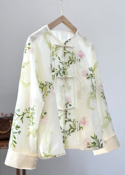 Boho Green Embroidered Button Organza Shirts Fall AG1039