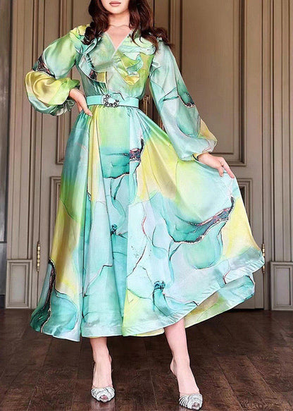 Robe en tulle à imprimé col Peter Pan vert bohème à manches longues FF078